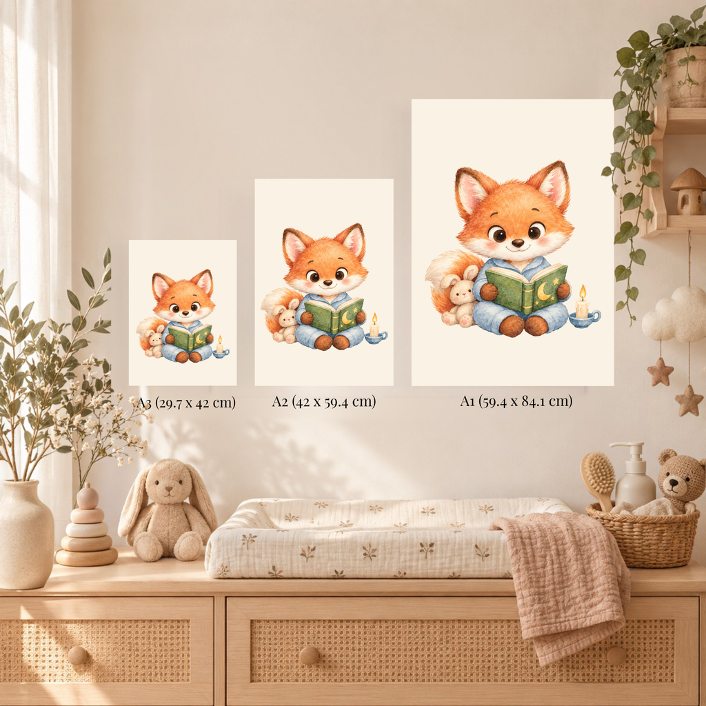 Vosje met boek als poster in een babykamer met houten meubels en daglicht