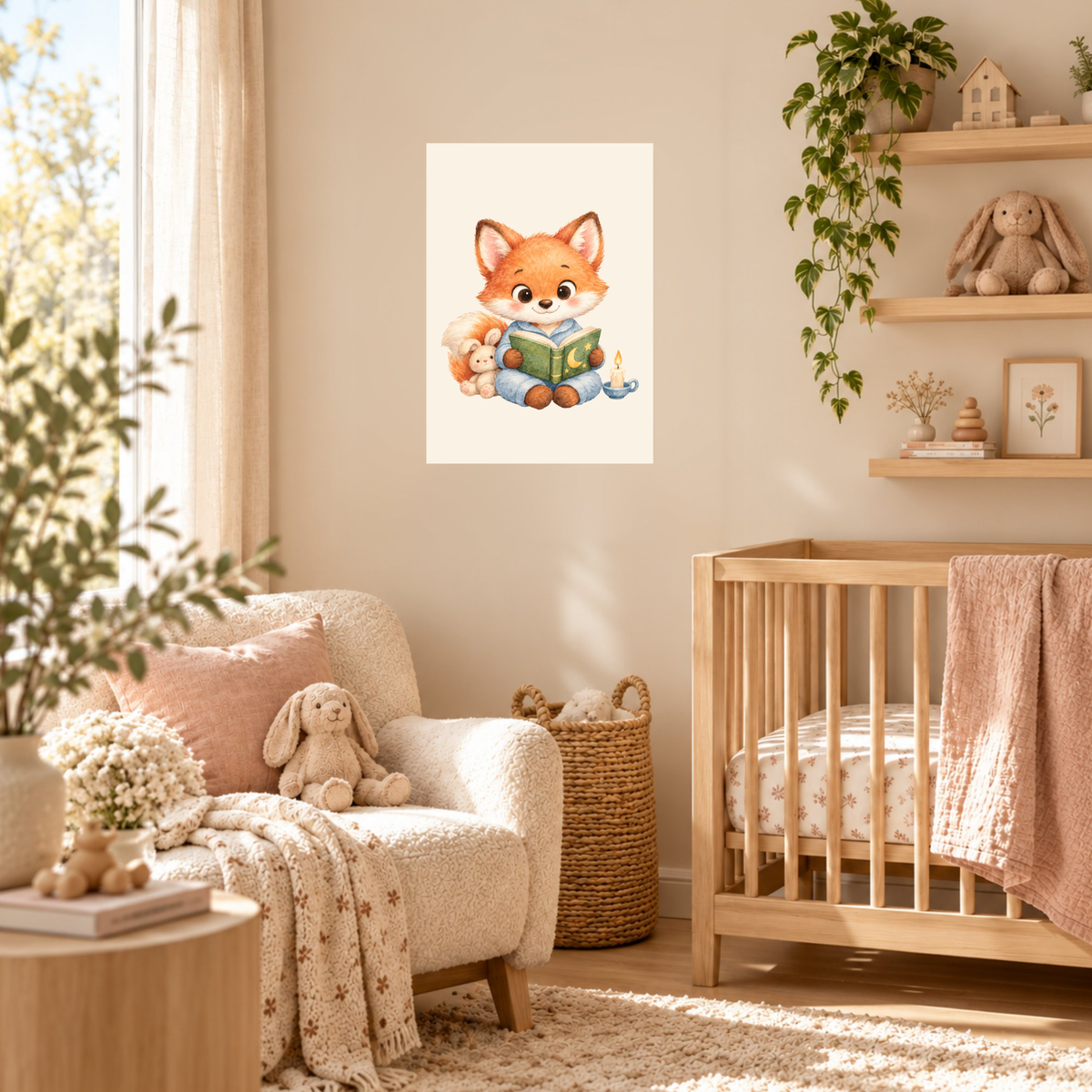 Poster vosje met boek boven het bedje in een rustige babykamer