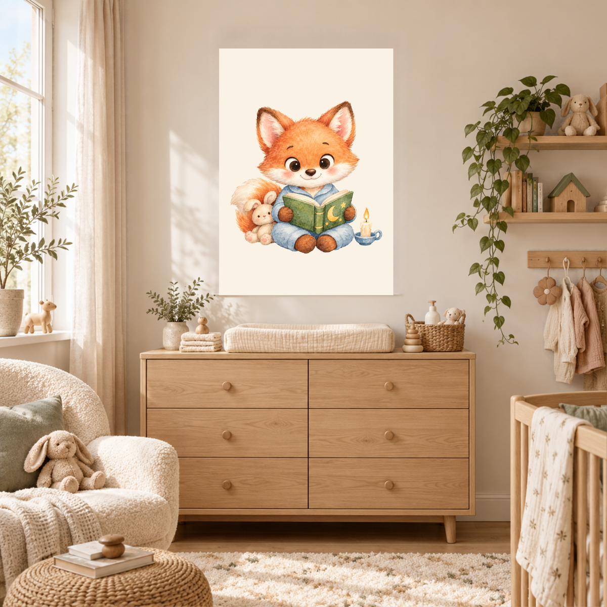 Poster vosje met boek in een babykamer, met het vosje goed zichtbaar aan de muur