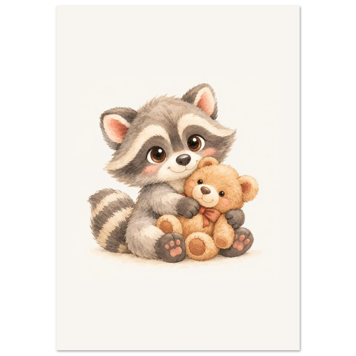 Poster van het wasbeertje met teddybeer aan de muur, in warme, natuurlijke tinten