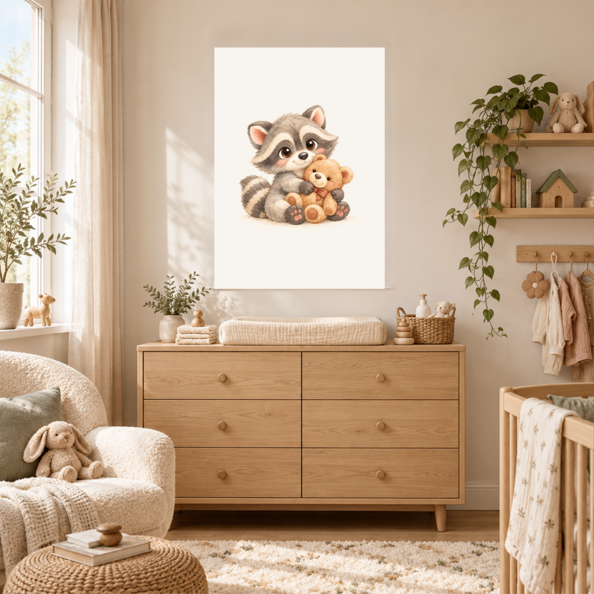 Poster wasbeertje met teddybeer boven het bedje in een rustige babykamer