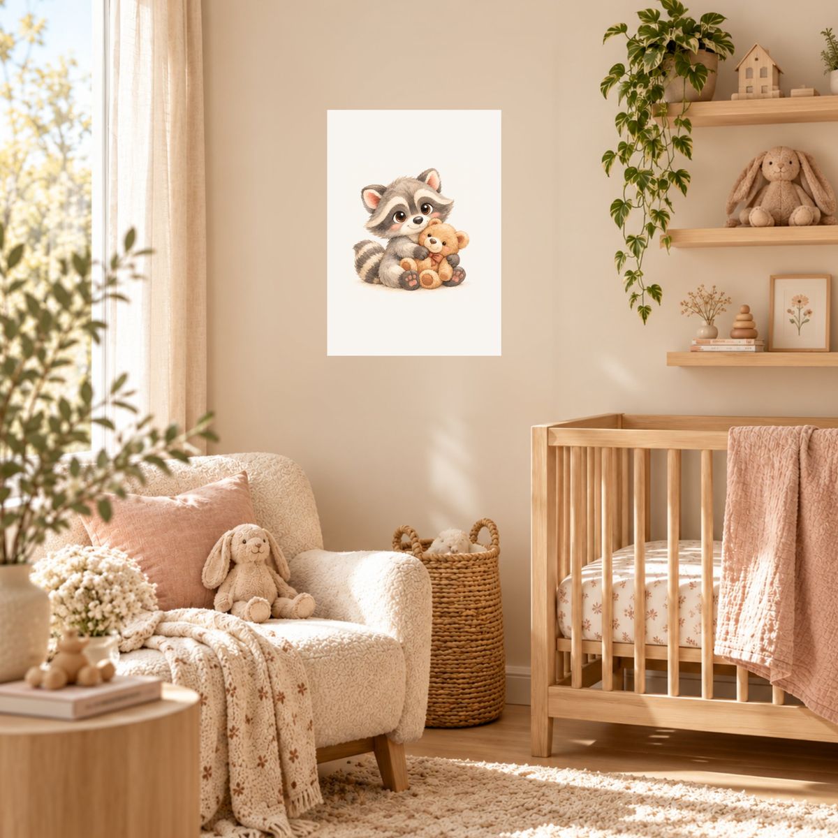 Poster wasbeertje met teddybeer in een zachte kinderkamer met linnen en rotan
