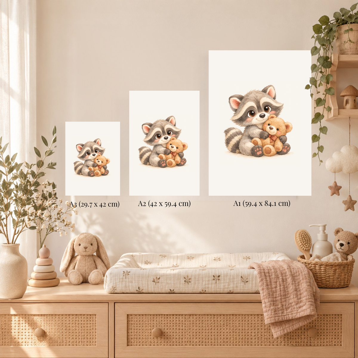 Poster wasbeertje met teddybeer in een babykamer, met het wasbeertje goed zichtbaar aan de muur