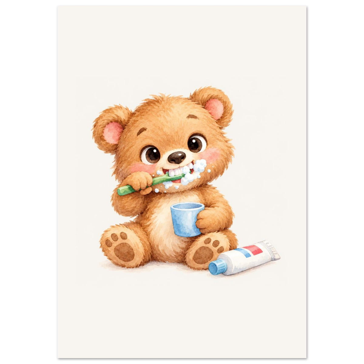 Dierenposter beertje met tandenborstel en schuim, voor de kinderkamer of badkamer